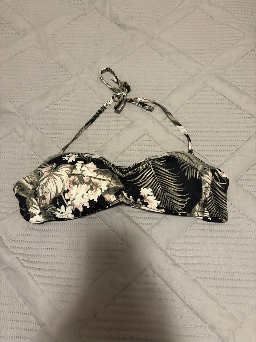 La Vie En Rose Black Floral Bandeau Bikini Top with Halter Tie